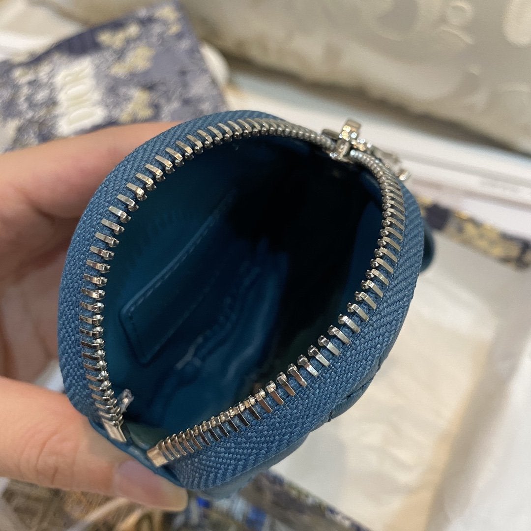 Dior Detachable Caro Round Coin Purse Deep Ocean Blue Cannage Calfskin