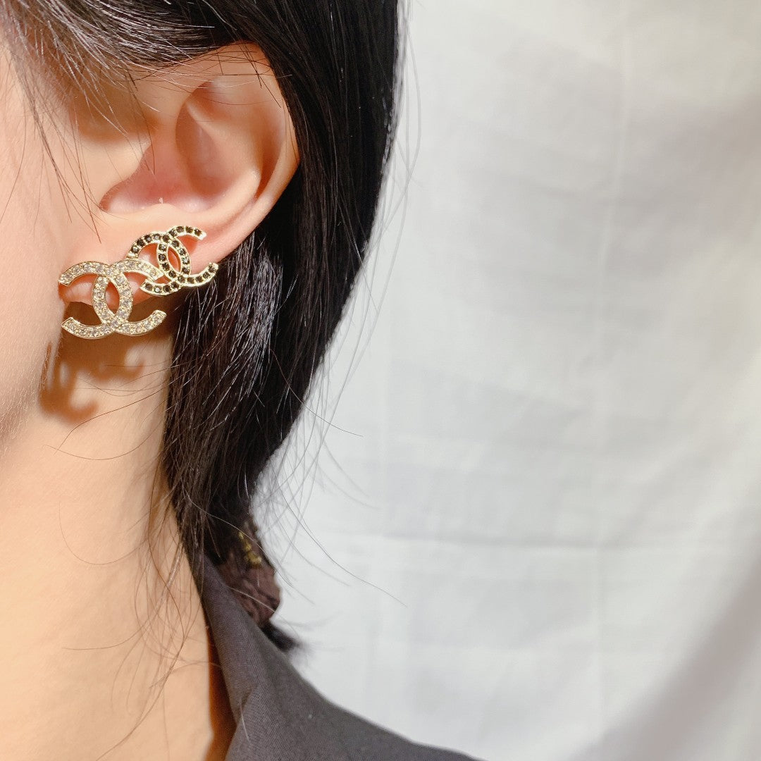 Chanel Double C Gold-Plated Cubic Zirconia Stud Earrings