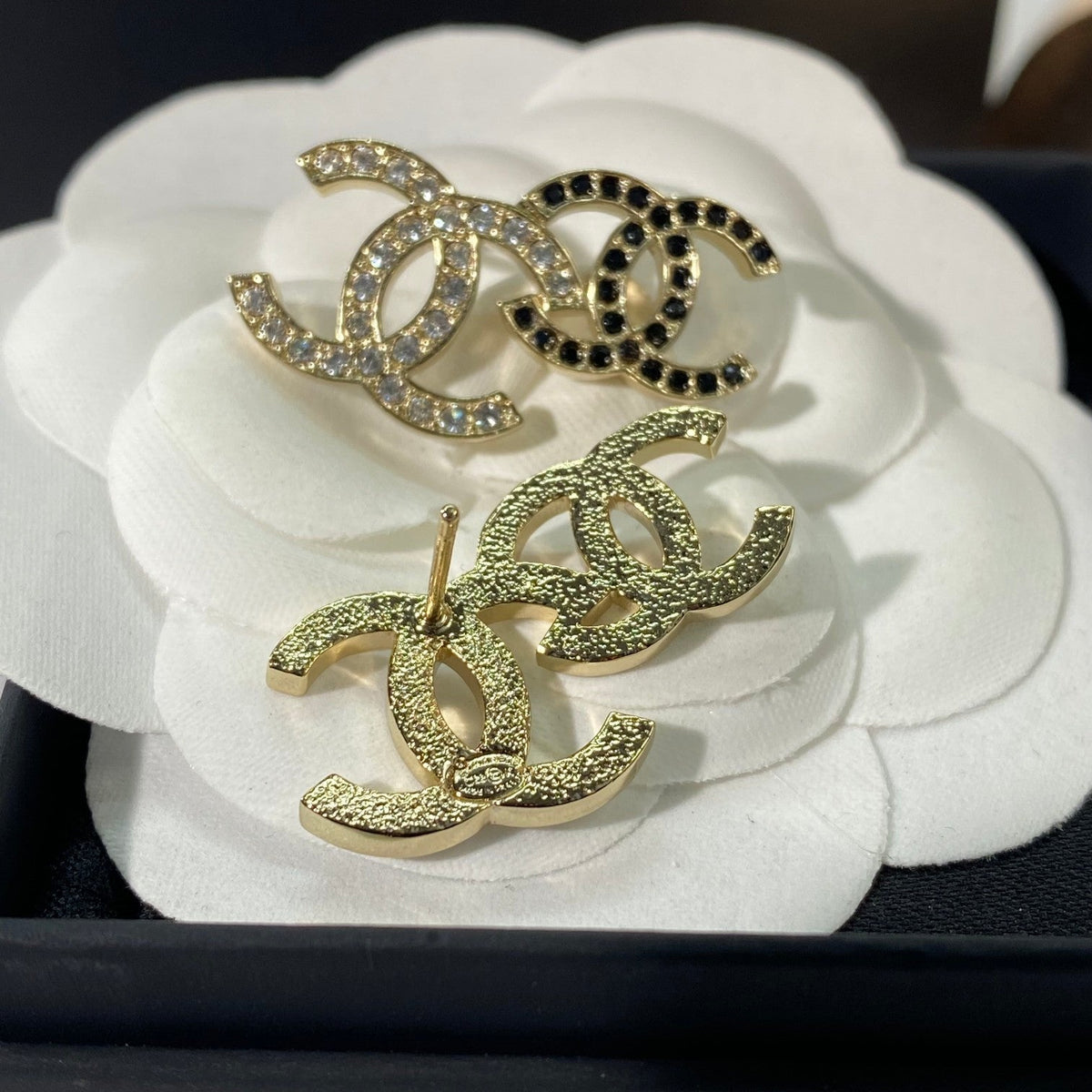 Chanel Double C Gold-Plated Cubic Zirconia Stud Earrings