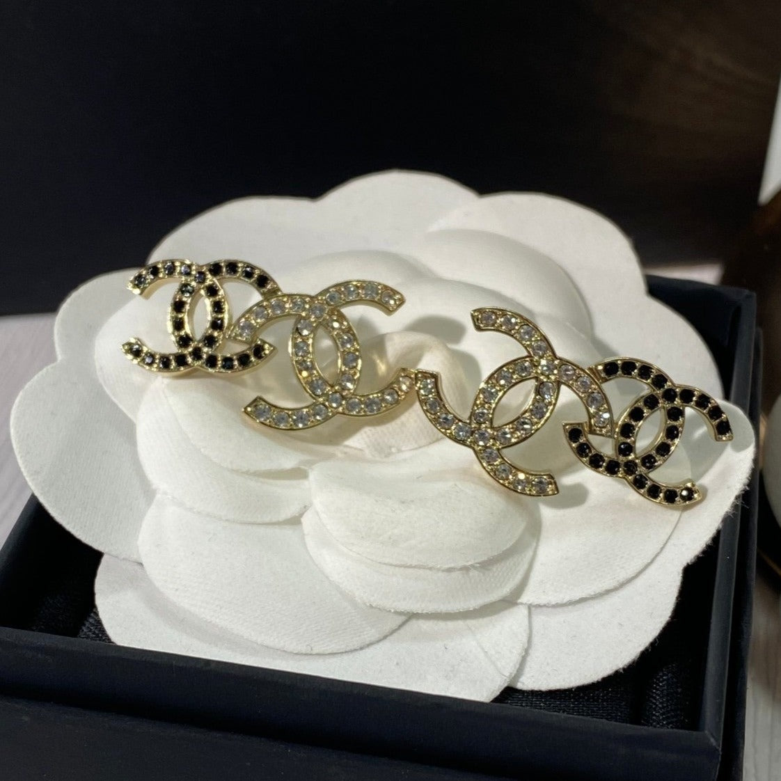 Chanel Double C Gold-Plated Cubic Zirconia Stud Earrings
