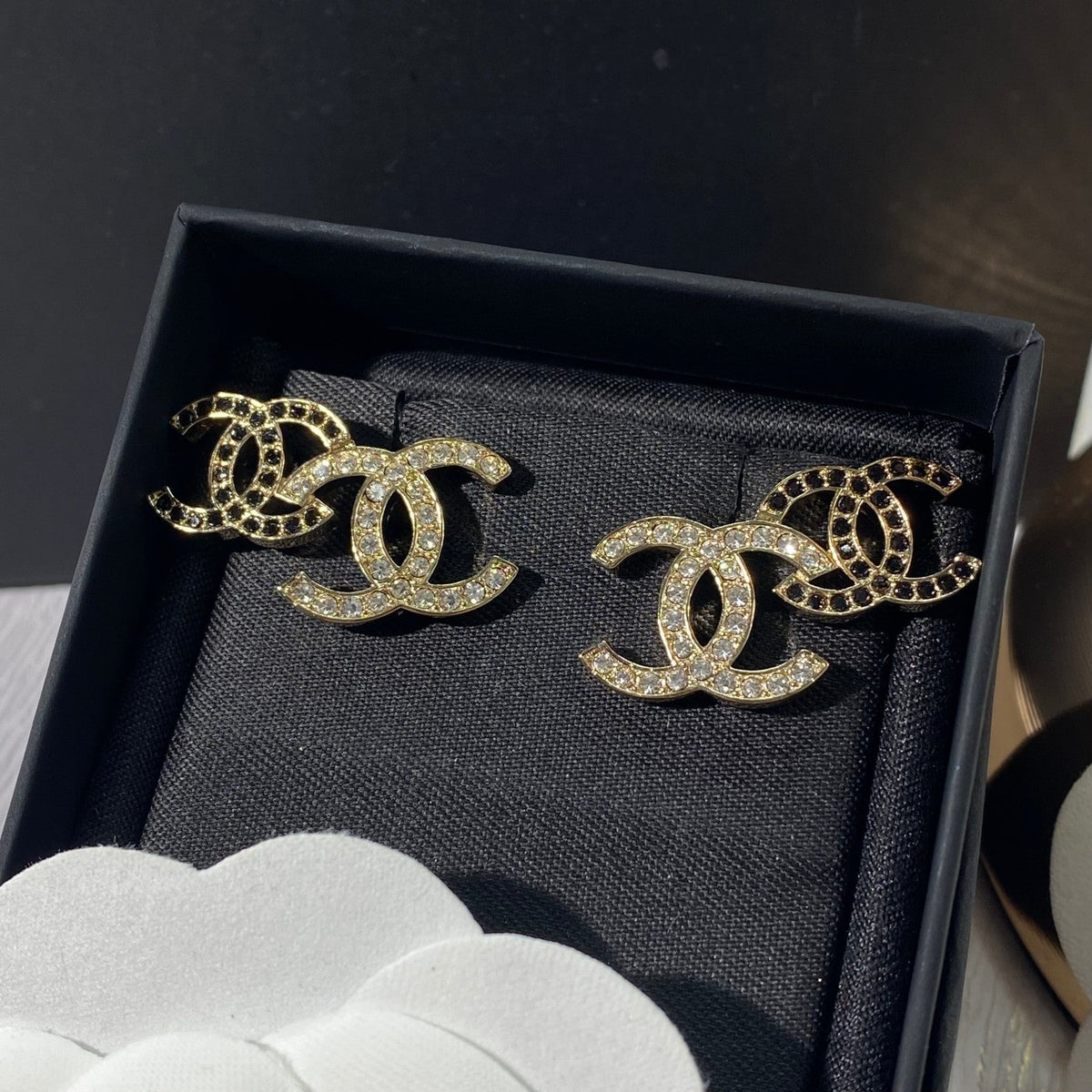 Chanel Double C Gold-Plated Cubic Zirconia Stud Earrings