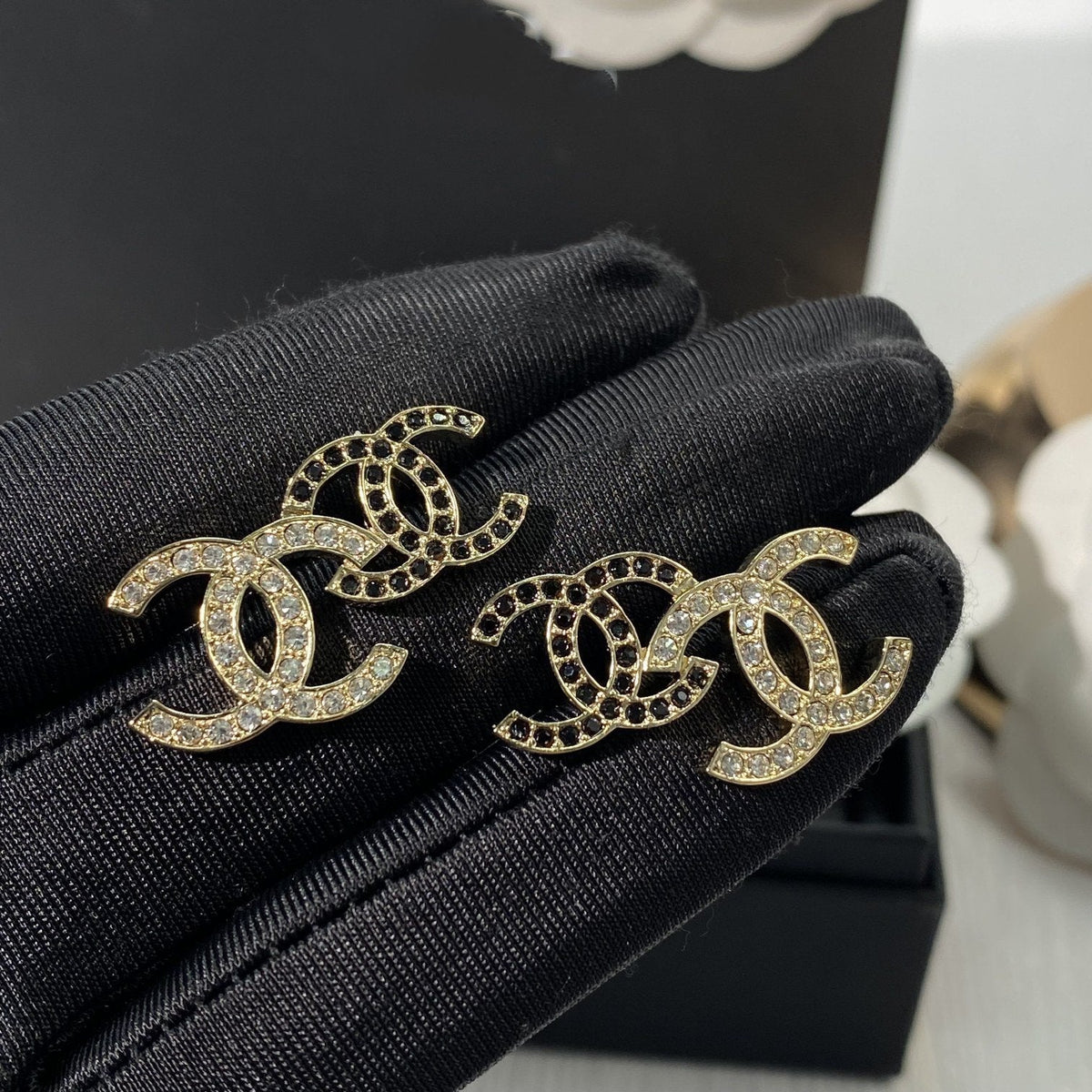 Chanel Double C Gold-Plated Cubic Zirconia Stud Earrings
