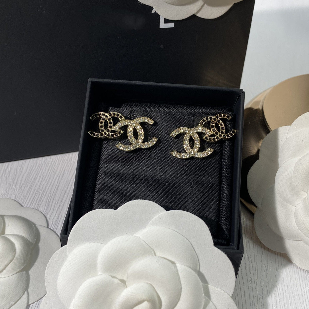 Chanel Double C Gold-Plated Cubic Zirconia Stud Earrings